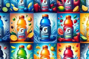 Gatorade Food Label Gatorade bottles in a variety of colors and flavors, each with a unique theme reflecting its taste. Include a blue bottle for Cool