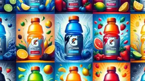 Gatorade Food Label Gatorade bottles in a variety of colors and flavors, each with a unique theme reflecting its taste. Include a blue bottle for Cool