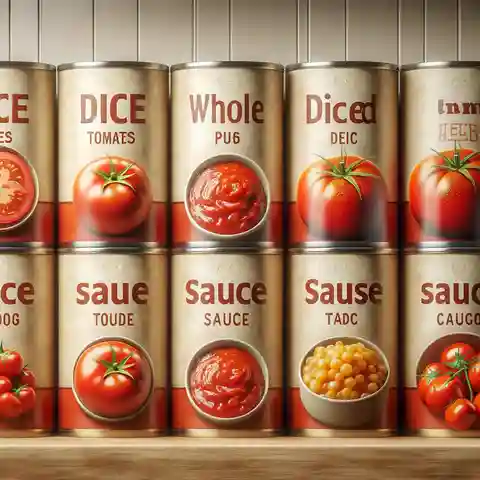 Generic Label Food Examples A set of plain canned tomatoes on a kitchen shelf