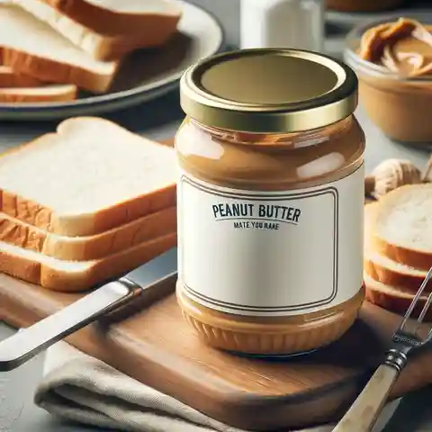 Generic Label Food Examples A simple and classic jar of peanut butter with a generic label, placed on a kitchen counter next to slices of bread