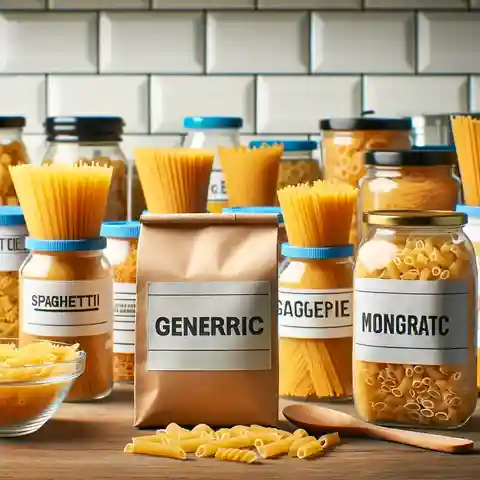 Generic Label Food Examples A variety of generic pasta types such as spaghetti and macaroni in simple packaging