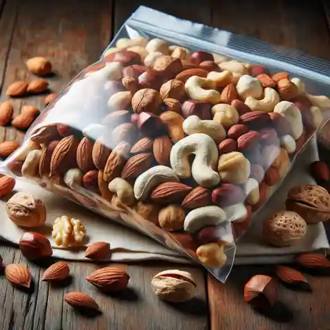 Generic Label Food Examples An assortment of mixed nuts in an unbranded, transparent bag, placed on a wooden table