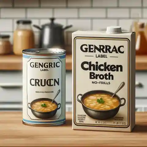 Generic Label Food Examples Generic label chicken broth displayed on a kitchen counter