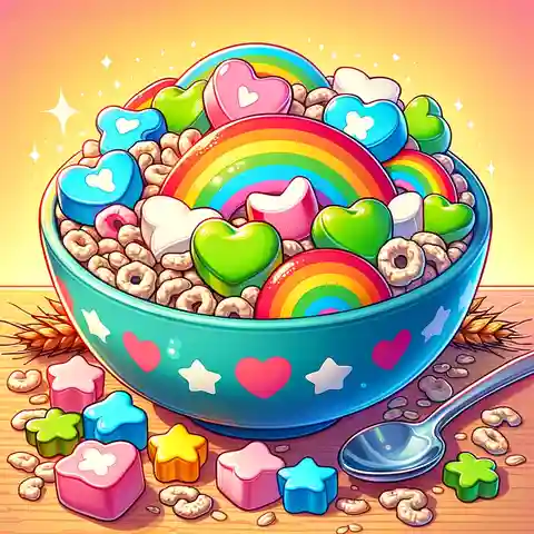 Lucky Charms Food Label A colorful illustration of a bowl of Lucky Charms cereal with vibrant marshmallows in shapes like hearts, stars, and rainbows