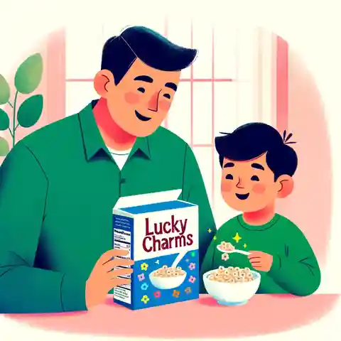 Lucky Charms Food Label An Illustration of a child and a parent looking at a box of Lucky Charms together, with the parent pointing out the nutritional information on the food
