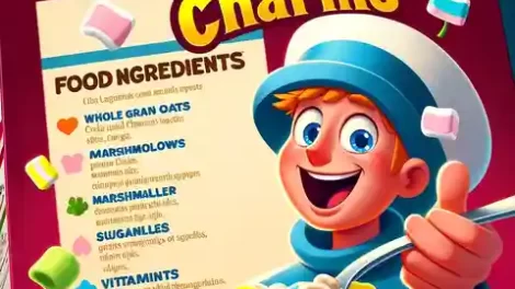 Lucky Charms Food Label An illustration showing a close up of the Lucky Charms food label on a cereal box, emphasizing the list of ingredients like whole grain oats, marshmal