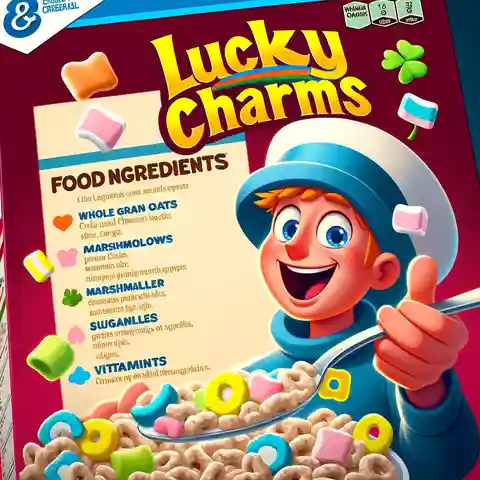 Lucky Charms Food Label An illustration showing a close up of the Lucky Charms food label on a cereal box, emphasizing the list of ingredients like whole grain oats, marshmal