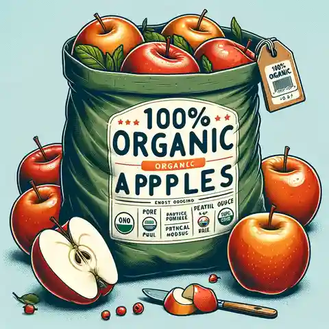 Organic Food Labels Examples A bag of apples with a label that says 100% Organic Apples , representing a product that is completely organic