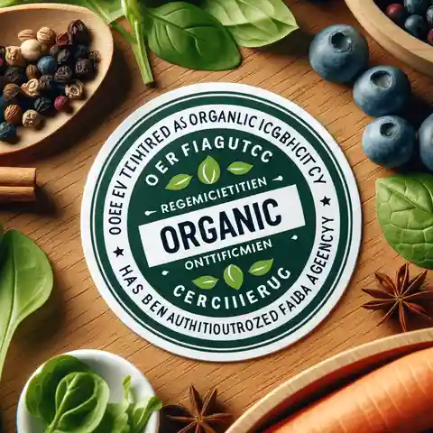 Organic Food Labels Examples A sticker on fresh produce like fruits or vegetables indicating it's organic, usually with a code number that starts with 9