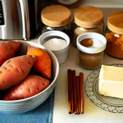Patti LaBelle Pie A kitchen scene with a bowl full of vibrant orange sweet potatoes next to a stick of butter, a bag of sugar, and jars of nutmeg and cinnamon