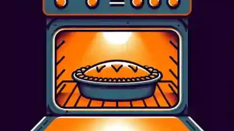 Patti LaBelle Pie An oven with a glowing light inside, where a sweet potato pie is baking