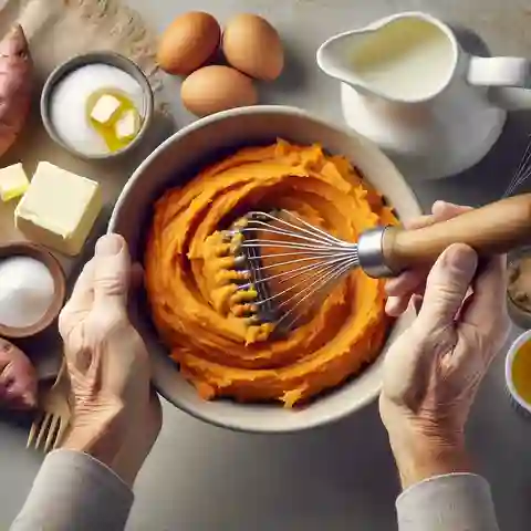 Patti LaBelle Pie Hands mashing boiled sweet potatoes in a large bowl, with a masher pressing down to create a smooth mixture