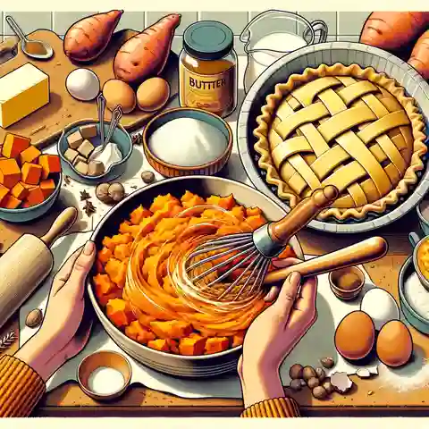 Patti LaBelle Pie Illustration A bowl full of vibrant orange sweet potatoes next to a stick of butter