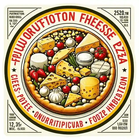 Pizza Food Label Example A cheese pizza food label, highlighting the variety of delicious cheeses used and including nutritional information t