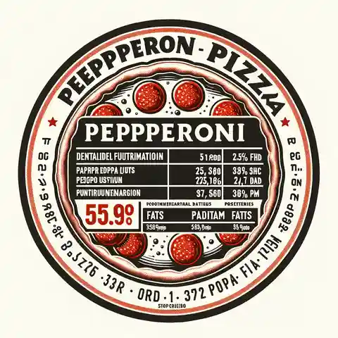 Pizza Food Label Example A pepperoni pizza food label, showcasing the type and quality of pepperoni used, along with detailed nutritional info
