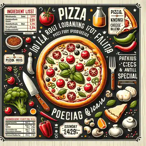 Pizza Food Label Example A pizza food label for Pizza Hut, showcasing a tasty cheese blend and special toppings with calorie counts
