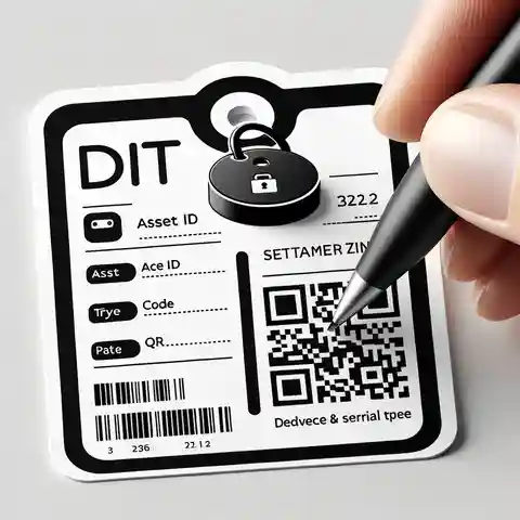 Printable Asset Tag Labels Template An IT equipment tag template, featuring a small, sleek design to fit on devices, including fields for asset ID, QR code