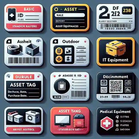 Printable Asset Tag Labels Template Basic asset tag featuring a simple rectangle with a bold border, including fields for Asset ID, asset name, and a barcode, designed for standard