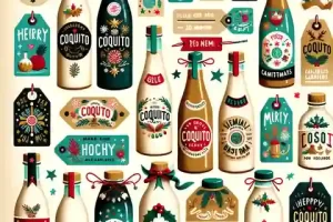 Printable Coquito Label Template Acollection of Coquito bottle labels showcasing a range of styles pre made stickers with festive designs