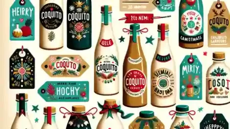 Printable Coquito Label Template Acollection of Coquito bottle labels showcasing a range of styles pre made stickers with festive designs