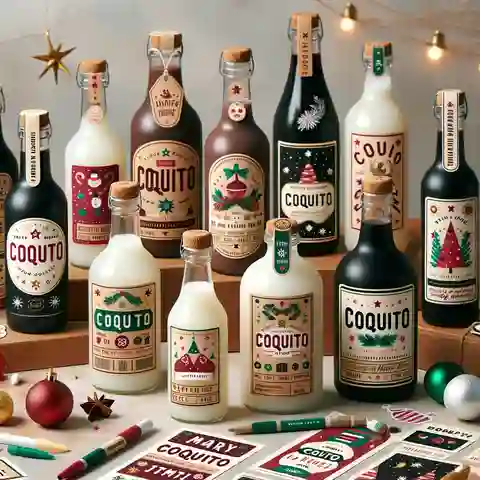 Printable Coquito Label Template An image illustrating a variety of Coquito bottle labels