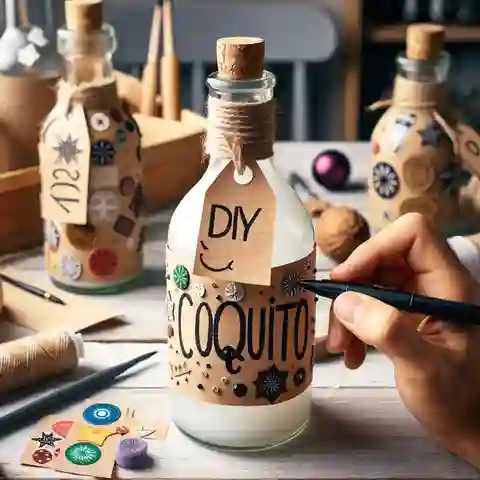 Printable Coquito Label Template DIY Coquito Bottle Labels A Coquito bottle with a DIY label, crafted from materials like paper, markers, and stickers for a rustic, hand made appearance