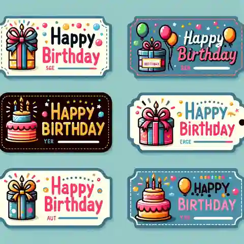 Printable Free Gift Label Templates Design an image of birthday gift labels with the phrases Happy Birthday and designs featuring balloons and cake