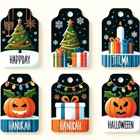 Printable Free Gift Label Templates Illustrate a series of holiday label templates featuring Christmas trees, Hanukkah lights, and Halloween pumpkins