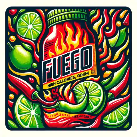 Takis Food Label An illustration showing a Fuego Takis food label, emphasizing high calories, sodium, and bold flavors of lime and chili