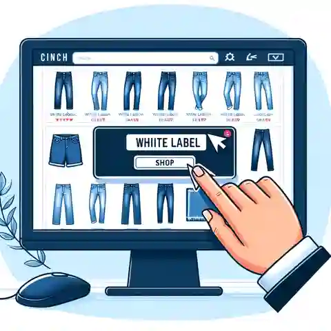 White Label Cinch Jeans An illustration of someone selecting White Label Cinch Jeans online, showing a computer screen with the Cinch website open