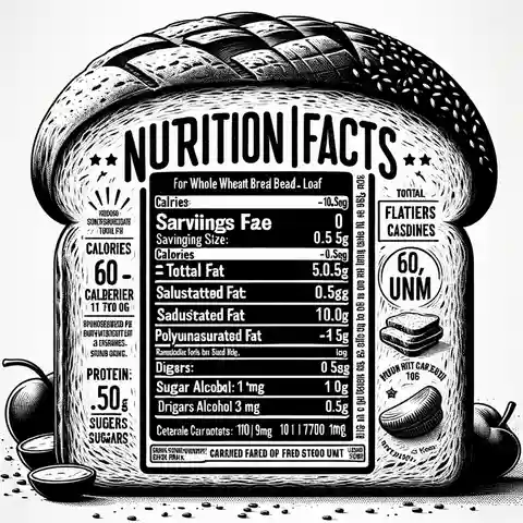 Whole Wheat Bread Nutrition Labels A black and white image of a nutrition fact label for a whole wheat bread loaf